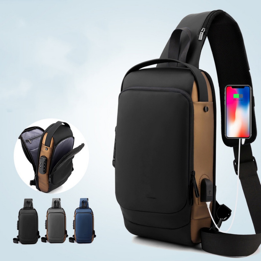 Large Capacity Multi-Compartment Men's  Chest Bag for Outdoor Sports with USB Interface